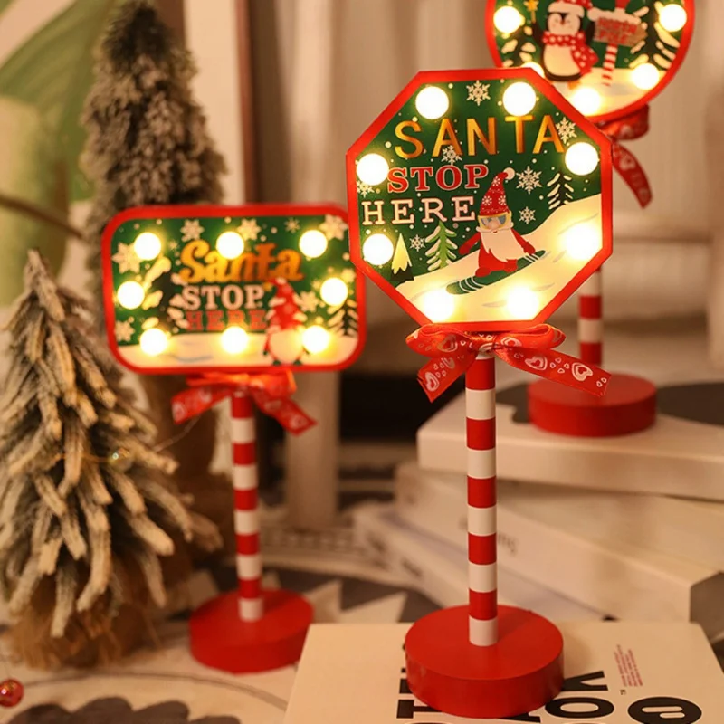 Christmas Retro Lamp Santa Decoration Led Warm Light Stop Here Street Sign North Pole Wooden Bedside Lamp Xmas Home Decor