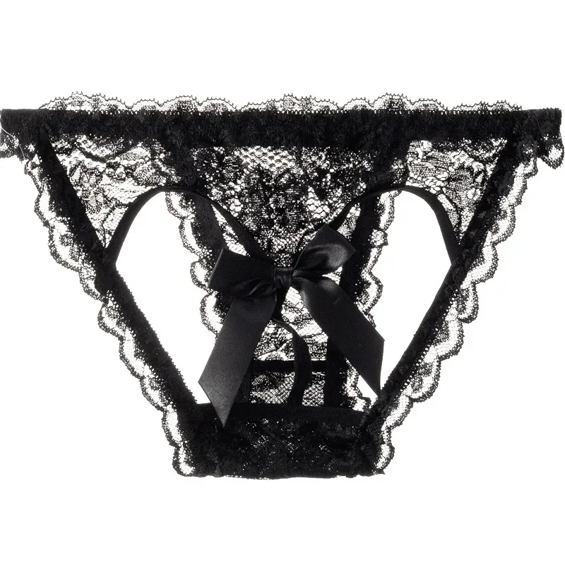 Lace Open Crotch Sexy Panties Women Mesh Perspective Fancy Underwear Ladies Bow Thong Crotchless Briefs Erotic Lingerie Female