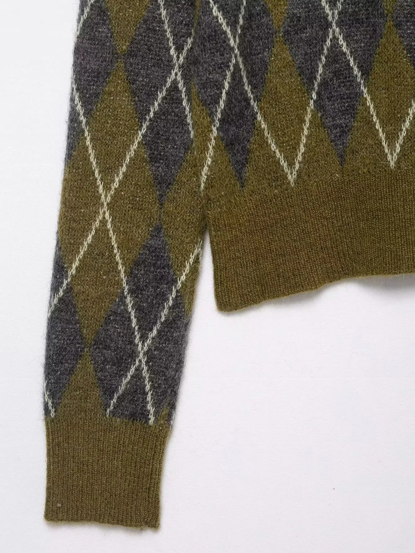 Damen Vintage Diamant Geometrisches Muster Häkel-Strickpullover Weiblicher Schicker Polokragen Schlanker Pullover Mantel Damenoberteile – Detail 11