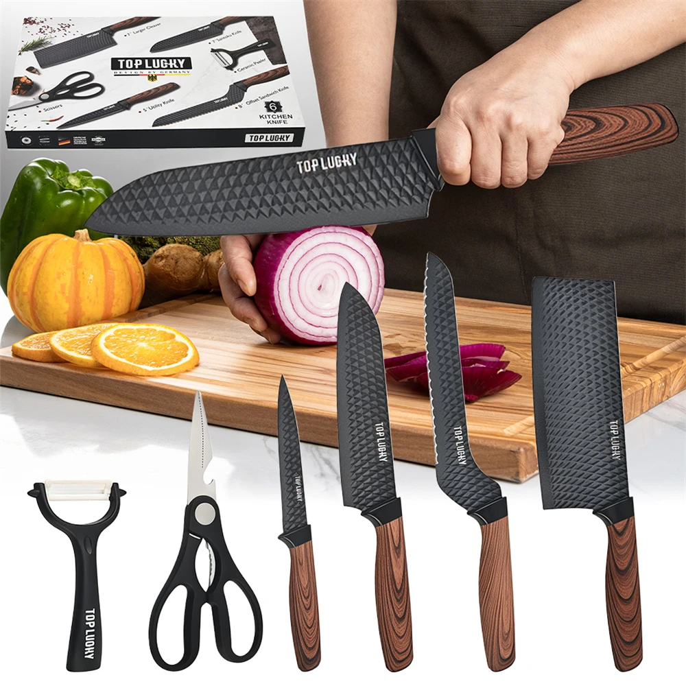 ZENG 6-teiliges schwarzes Küchenmesser-Set aus 3CR13 Edelstahl, rostfrei, antihaftbeschichtet, scharfes Kochmesser, Fleischbeil, unregelmäßiges Brotmesser