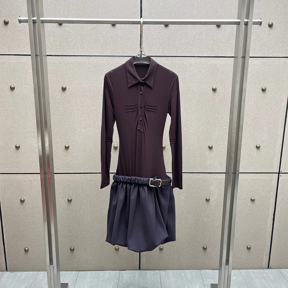 Women Fake Two‑Piece Mini Dress Long Sleeve Back Cut‑Out Belted Waist Pleated Skirt Slim Fit Elegant Streetwear Lady Dresses