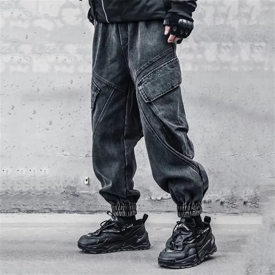 2025 فضفاض الجينز الرجال فاسق الهيب هوب أسود رمادي الدنيم Sweatpants غسلها Vintgae الشارع السراويل البضائع غير رسمية Pantalones Hombre #3