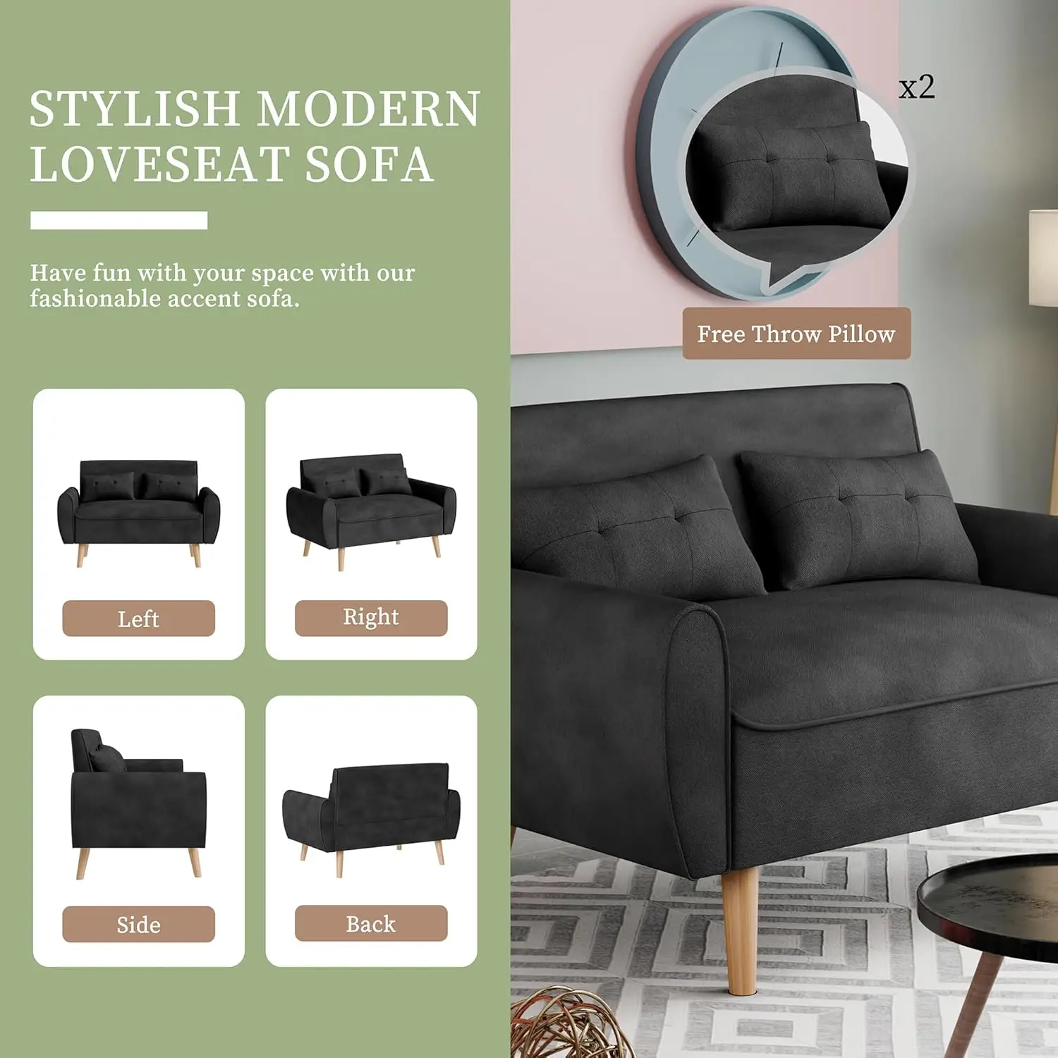 47" kleines modernes Loveseat-Sofa, 2-Sitzer-Sofa aus Leinenstoff aus der Mitte des Jahrhunderts, getufteter Love-Sitz mit Rückenkissen und konischen Beinen