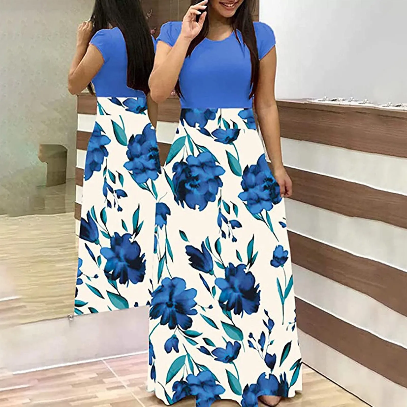 

2023 Women Round Neck Dress Summer Fashion Casual Floral Print Short-sleeved Large Size Long Dresses Loose Sundress