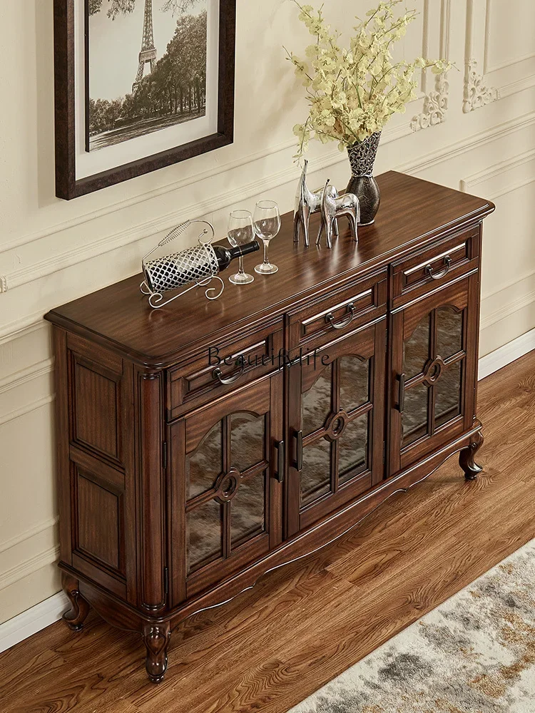 

yj19 American Style Solid Wood Sideboard Storage Cabinet Black Walnut Glass Door Entryway Wine Cabinet