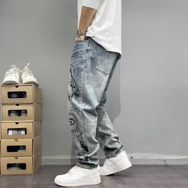 Autumn and Spring New Fashion Trend Printed Straight Leg Sports Denim Pants Men… - Image 4