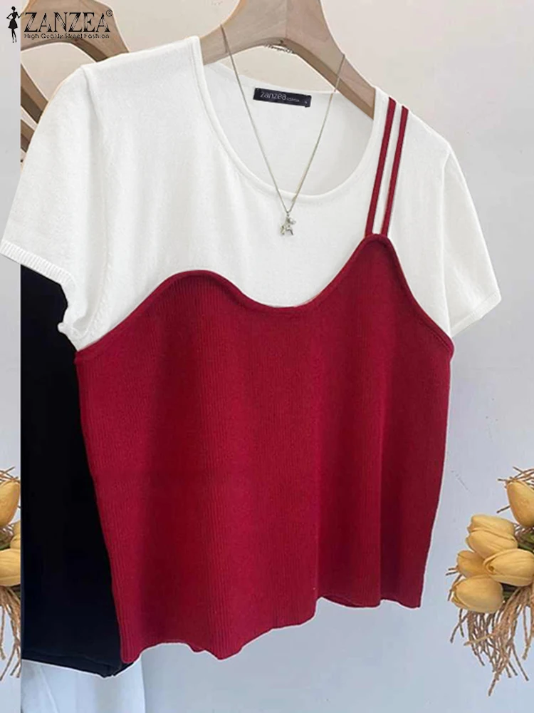 

Women Casual Shirts ZANZEA Fake Two-piece T-Shirts Summer 2025 Fashion Tops Color Patchwork Short Sleeve Tshirt O-Neck Tunic Tee