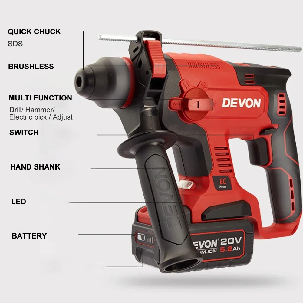 DEVON 5401 Cordless Rotary Hammer Light Duty Brushless Impact 1.7J 1400rpm 4500ipm 2.1Kg Universal Flex Battery Platform