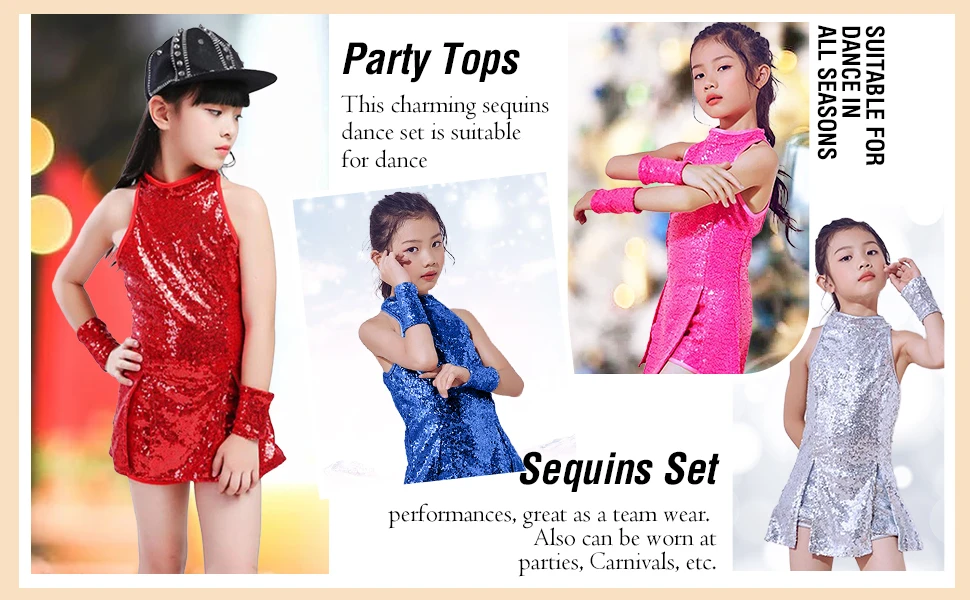 LOlanta Mädchen-Tanzkleidung mit Pailletten, 4–12 Jahre, glitzerndes Hip-Hop-Jazz-Tanz-Outfit, ärmelloses Oberteil und Shorts – Detail 4