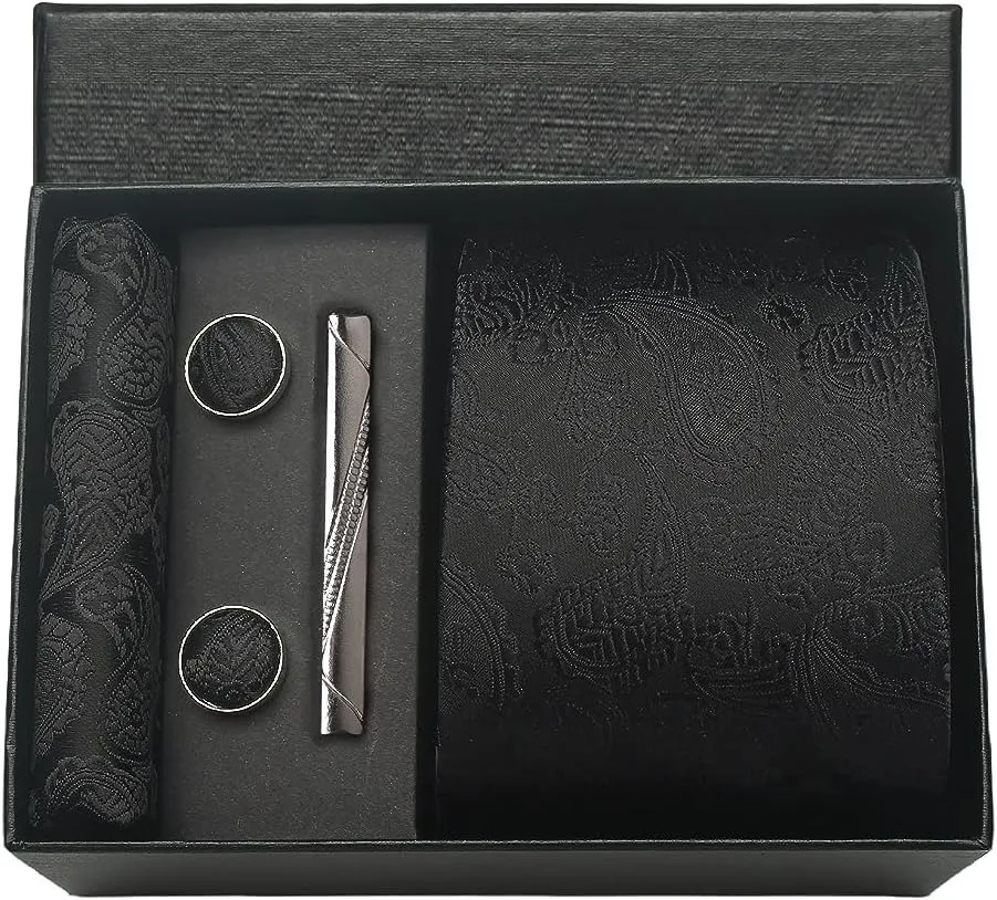 100 % Seidenkrawatte, Paisley-Blumenmuster, Herrenkrawatte, hochwertige Business-Krawatte, Einstecktuch, Krawattenklammer, Manschettenknöpfe-Set, klassisch, für Männer, Geschenkbox