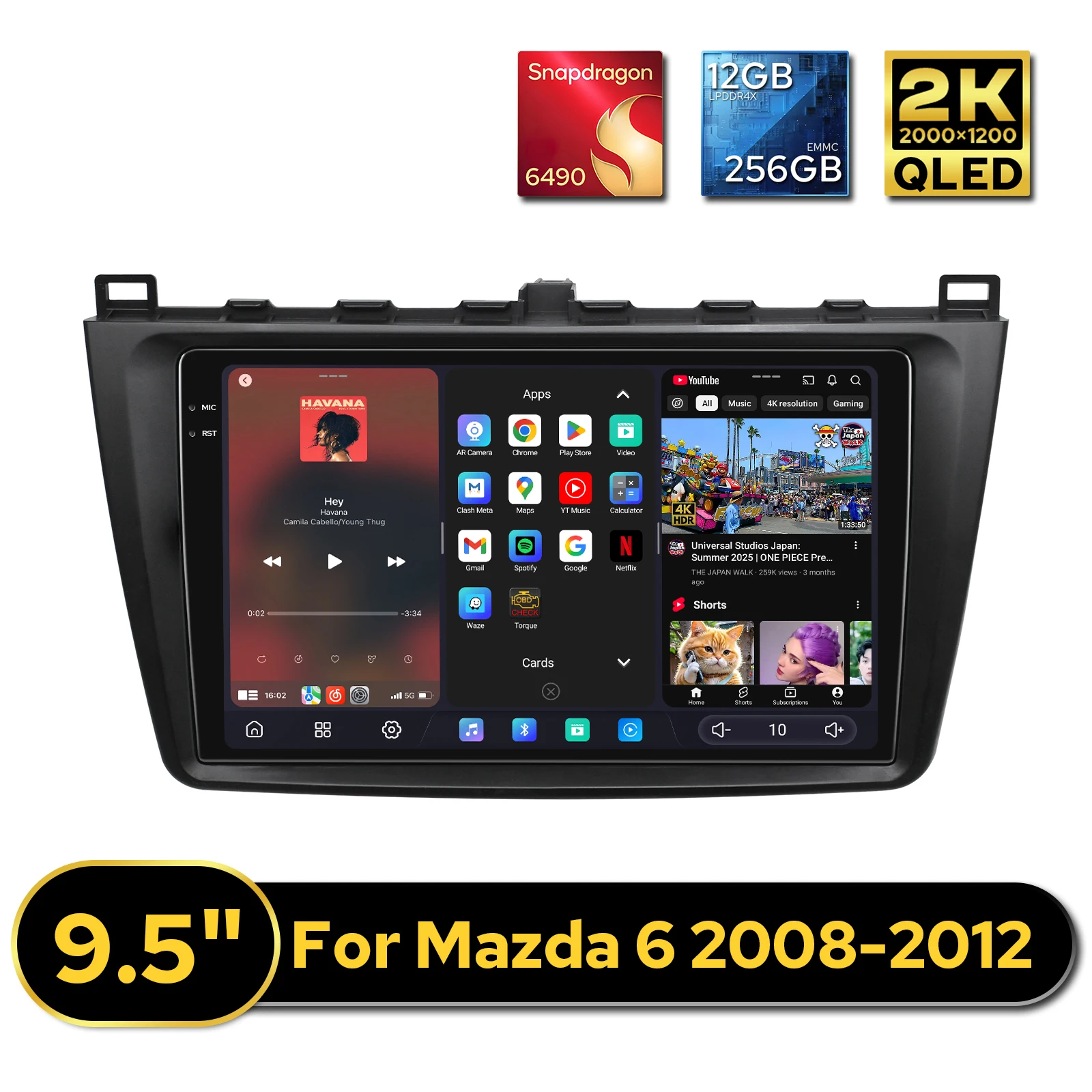 JOYING Car Radio Stereo For Mazda 6 2008-2012 9.5 Inch 2K QLED 2000*1200 12GB+256GB Wireless CarPlay Android Multimedia Player