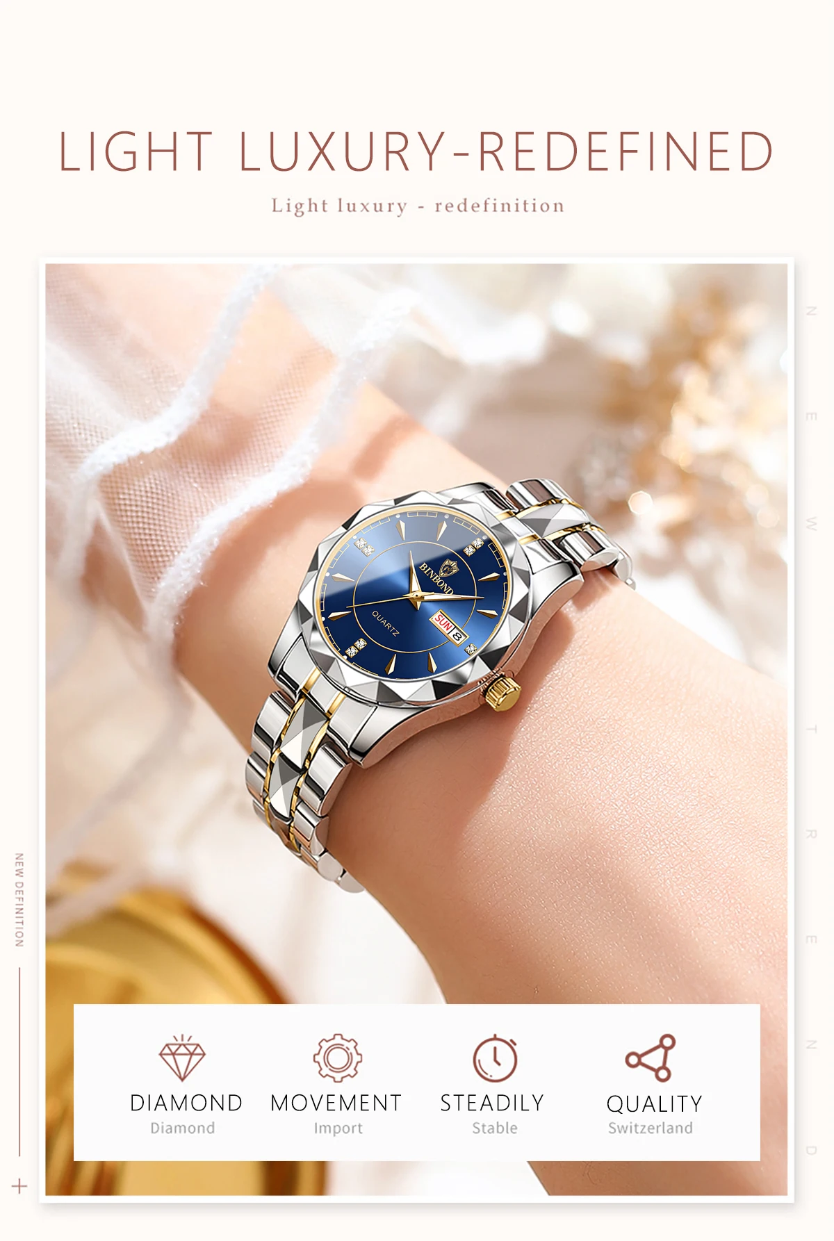 BINBOND Luxus-Quarz-Armbanduhren für Damen, leuchtend, wasserdicht, Wochenanzeige, automatisches Datum, Damenuhren, modisch, lässig, Reloj – Detail 4