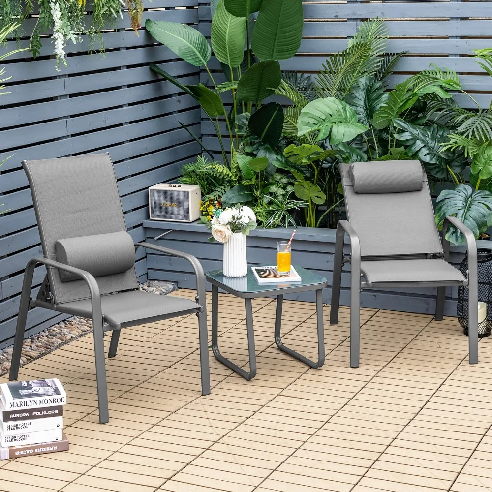 Patiojoy Patio 3PCS Bistro Furniture Set Adjustable Back Stackable Chairs Grey