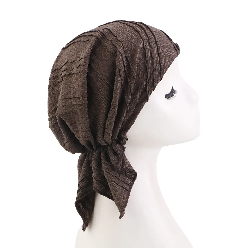 New Women Solid Color Cotton Crinkle Turban Elastic Muslim Hijab Hats Long Tail Head Wraps Chemo Beanies Caps Cancer Bandanas - view 5