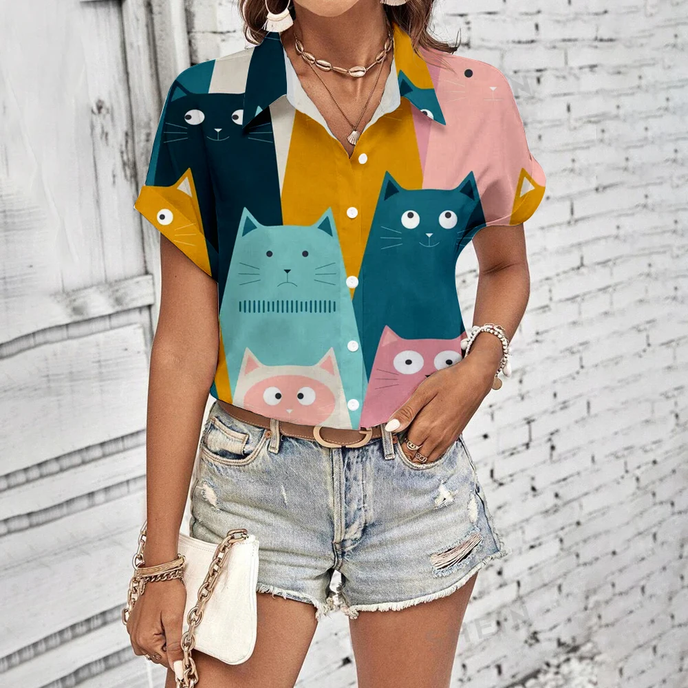 Women\'s Shirts & Blouses animal printing Blouses Fashion kitten printing Shirts Short sleeved daily shirt summery daily Shirts