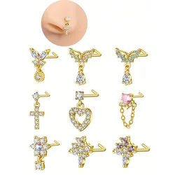 1pc Dangle Nose Rings Nose Stud 20G L Shaped Nose Rings Studs Flower Love Heart Butterfly CZ Dangle Nose Studs Piercing Jewelry