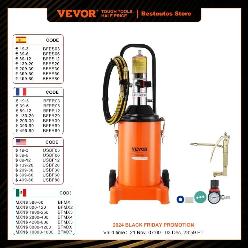 VEVOR 3/5/10 Gallon Grease Pump Air Operated with Hose Pneumatic Grease Bucket Gun and Wheels for Cars 50:1 Pressure Ratio