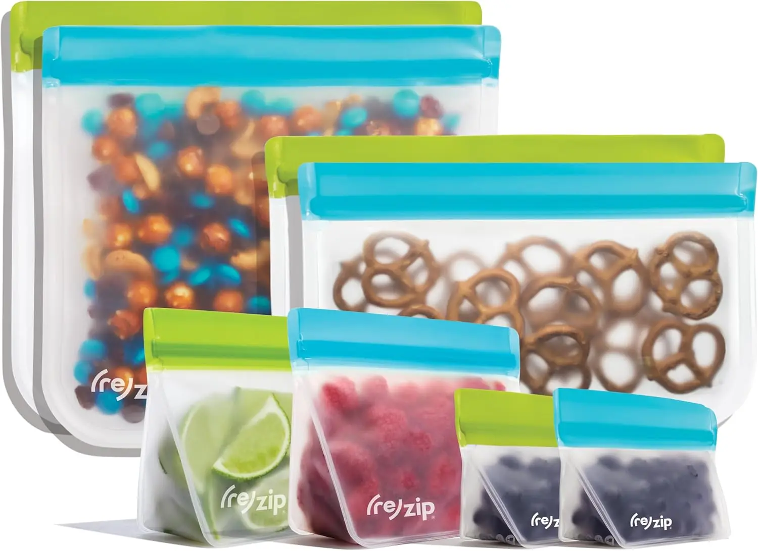 

8-Piece Reusable Storage Bags, BPA-Free, Leakproof, Freezer & Dishwasher Safe in Green and Aqua