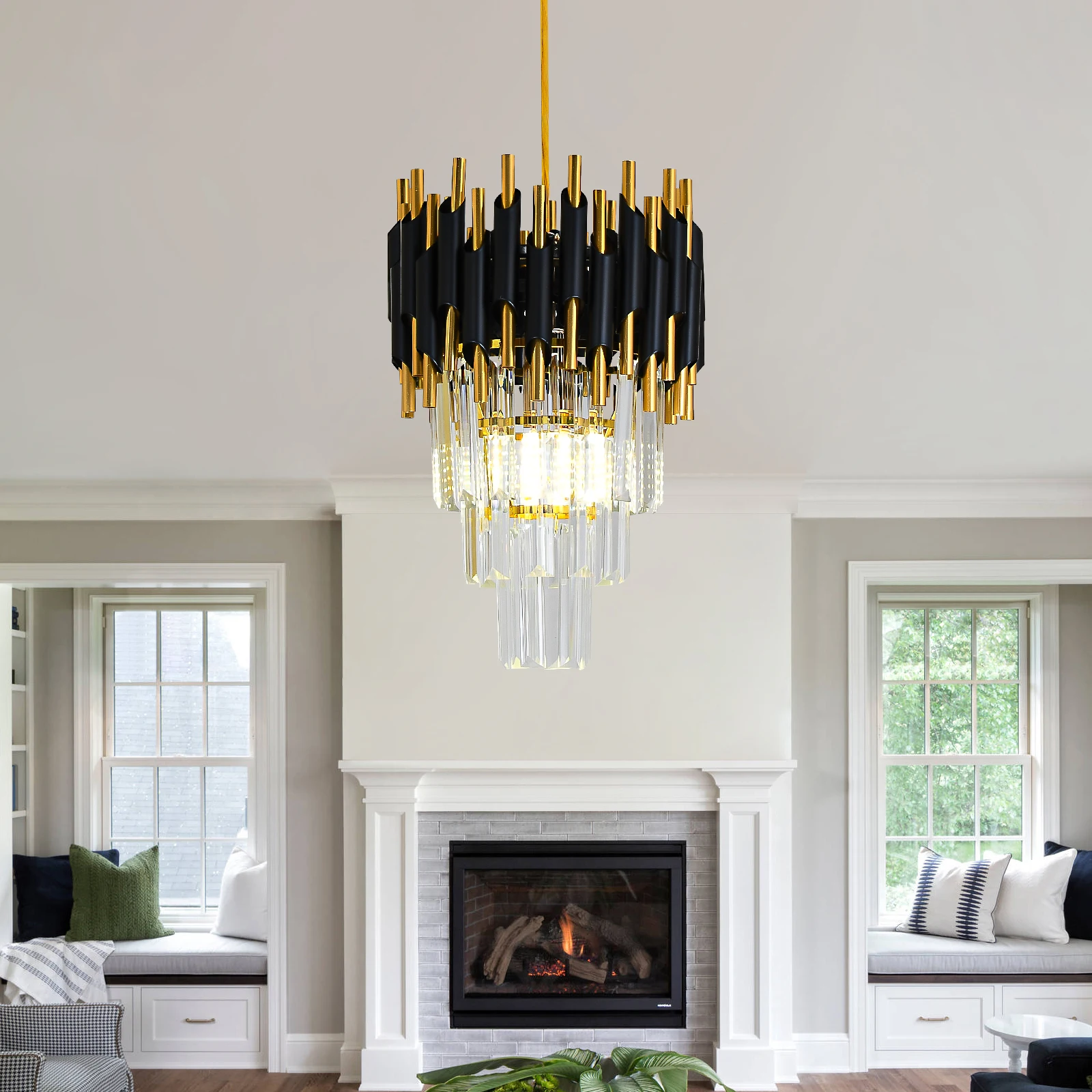 Golden Black Aluminum LED Crystal Pendant Light Modern Chandelier Unique Lighting Fixture for Home Decor