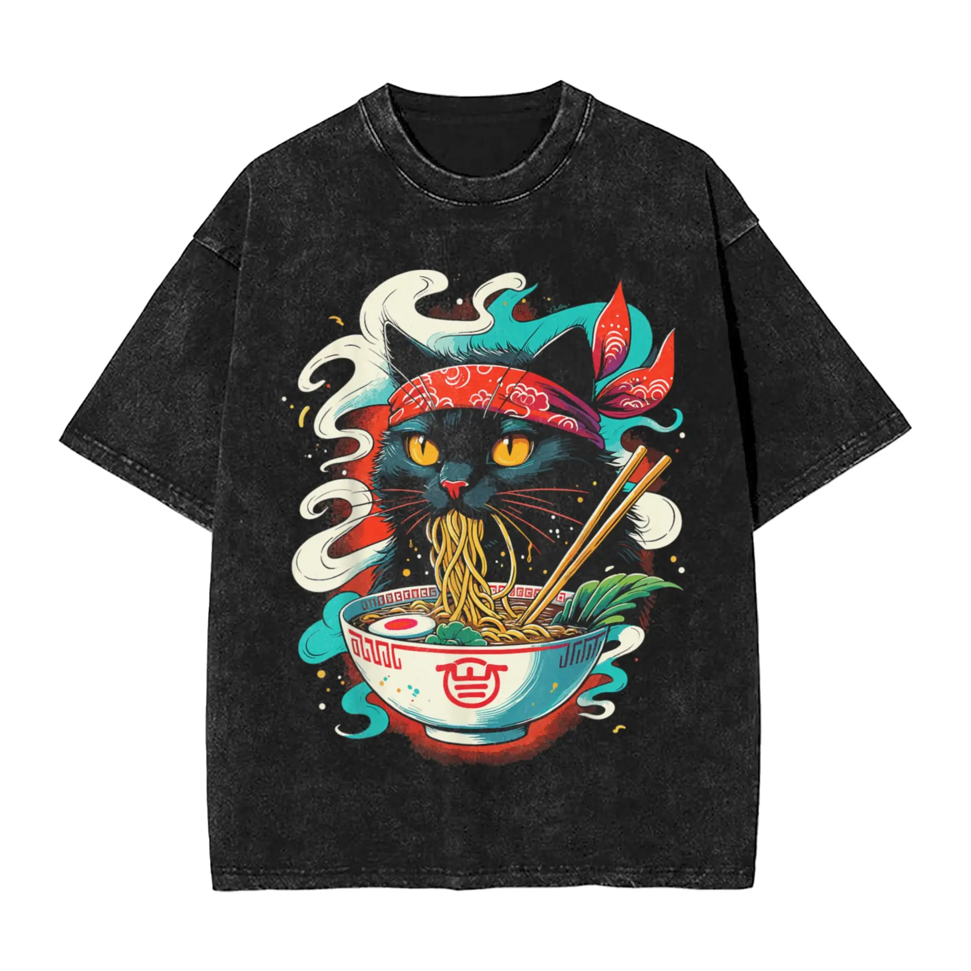 Men Cat Ramen Noodle Japanese Anime T Shirts Clothing Summer Funny Short-Sleeve T Shirt O-Neck Fashion Casual Tee Shirt Hot Sale