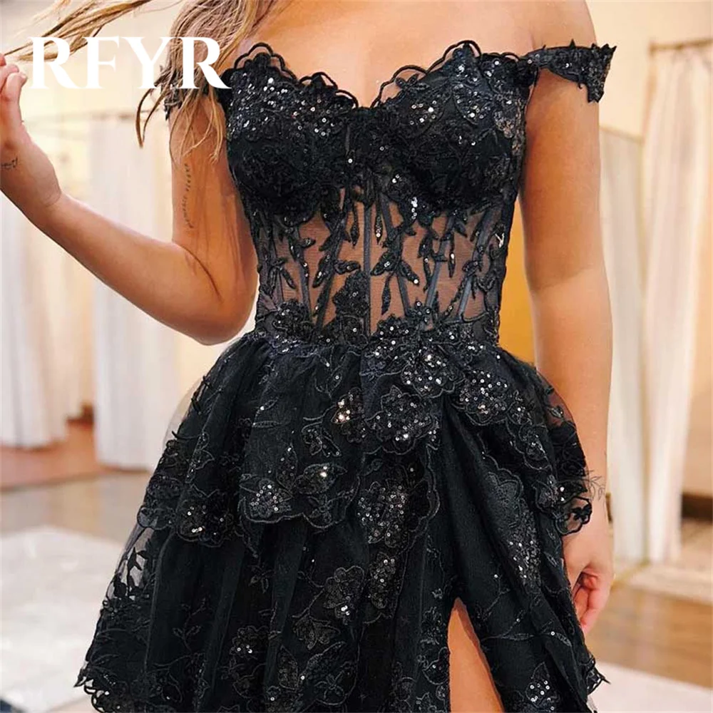 RFYR Black Prom Dress Sweetheart Ruffles A-Line Evening Dress Layered Tulle فستان سهرة with Sheer Corset Appliques Party Dress