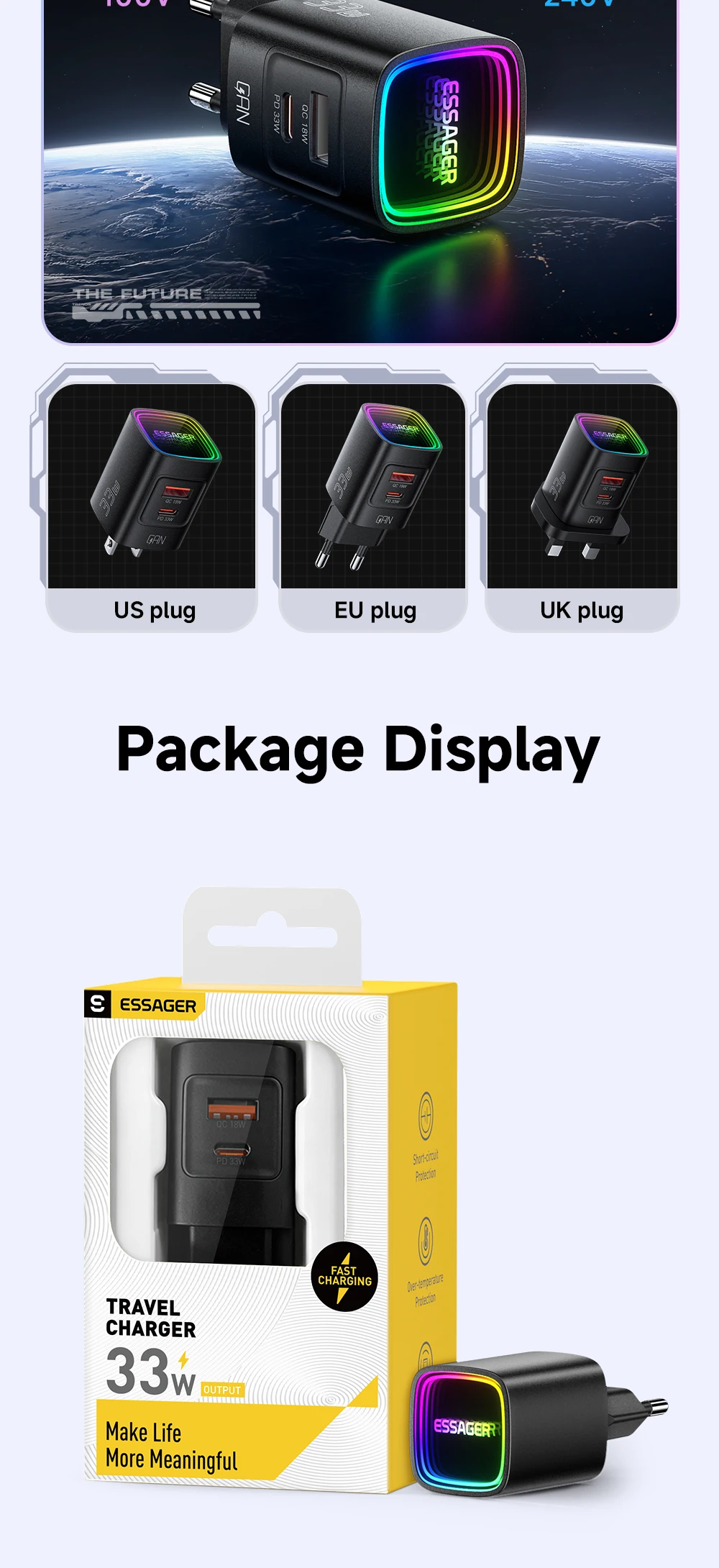 Essager 33W GaN USB Typ-C Ladegerät Tragbares PD-Schnellladegerät für iPhone 17/16/15/14 Pro Max iPad Xiaomi Samsung S25 RGB – Detail 11
