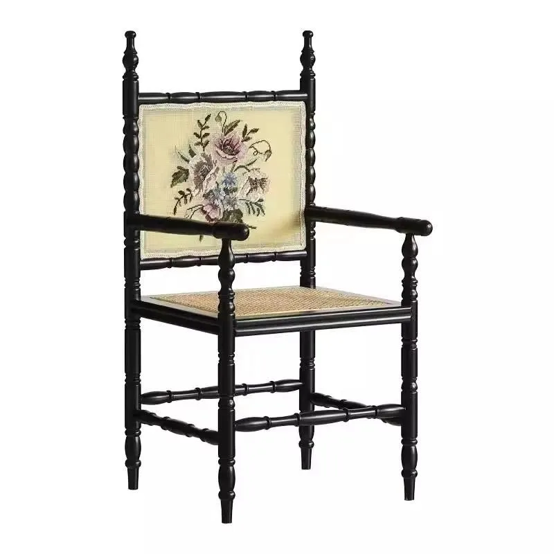 French Retro Style Solid Wood Rattan Single Chair for Dining Leisure Bedroom Study Living Room Home Hotel Furniture