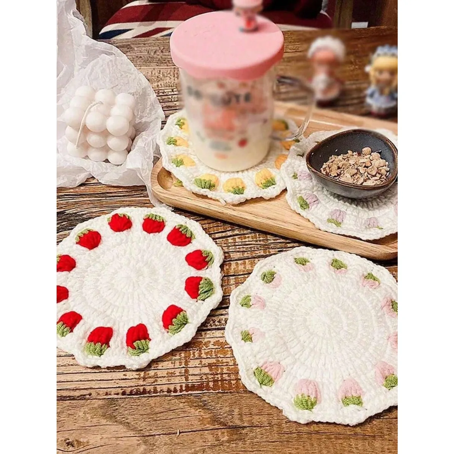 Salvamantel Redondo de Ganchillo con Diseño de Fresa, Posavasos para Tazas y Té, Hecho a Mano, para Mesa de Boda y Cocina