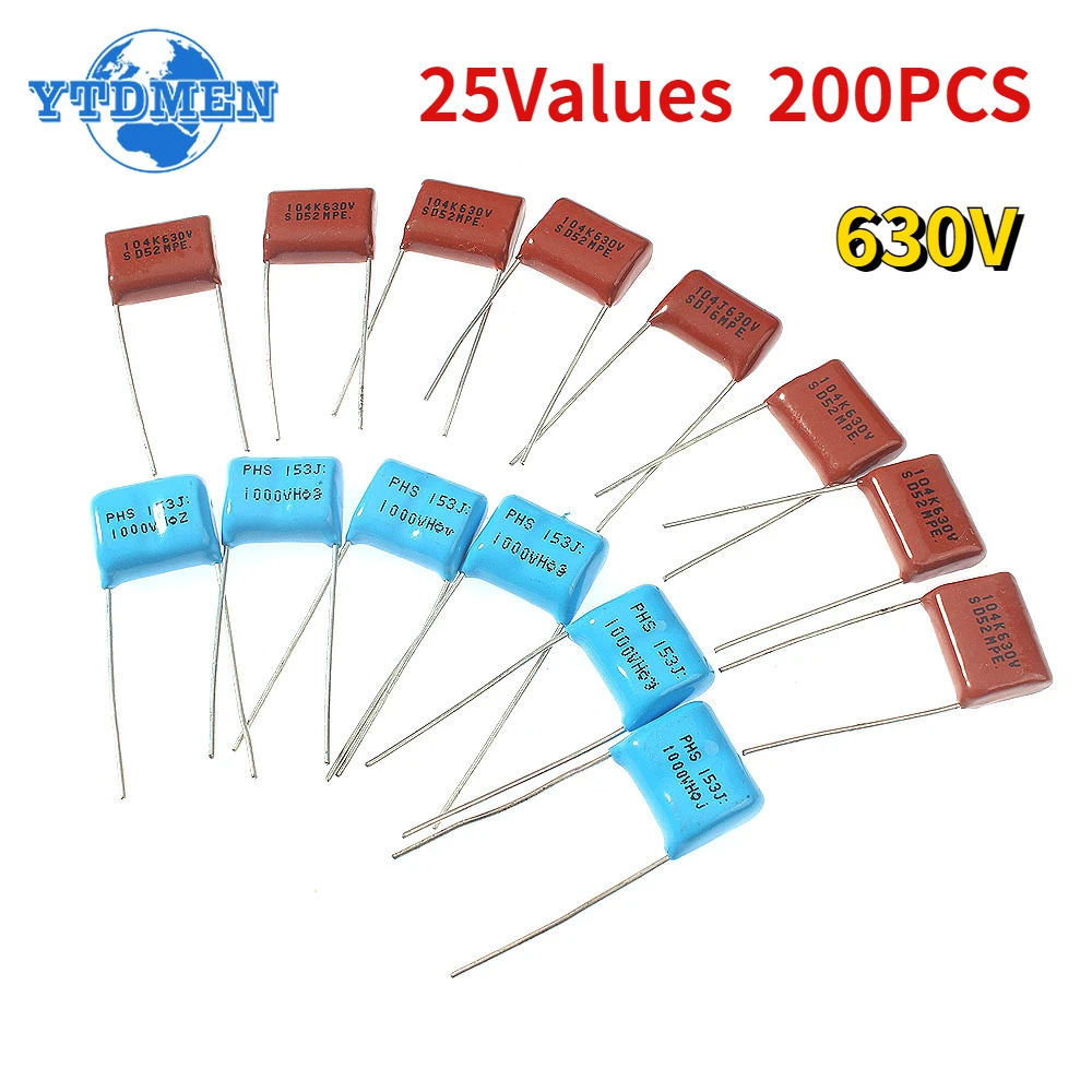 

200PCS 630V Capacitor CBB 0.001uf - 2.2uf Metal Film Capacitors Assortment Kit 25Values High Frequency Capacitor Set