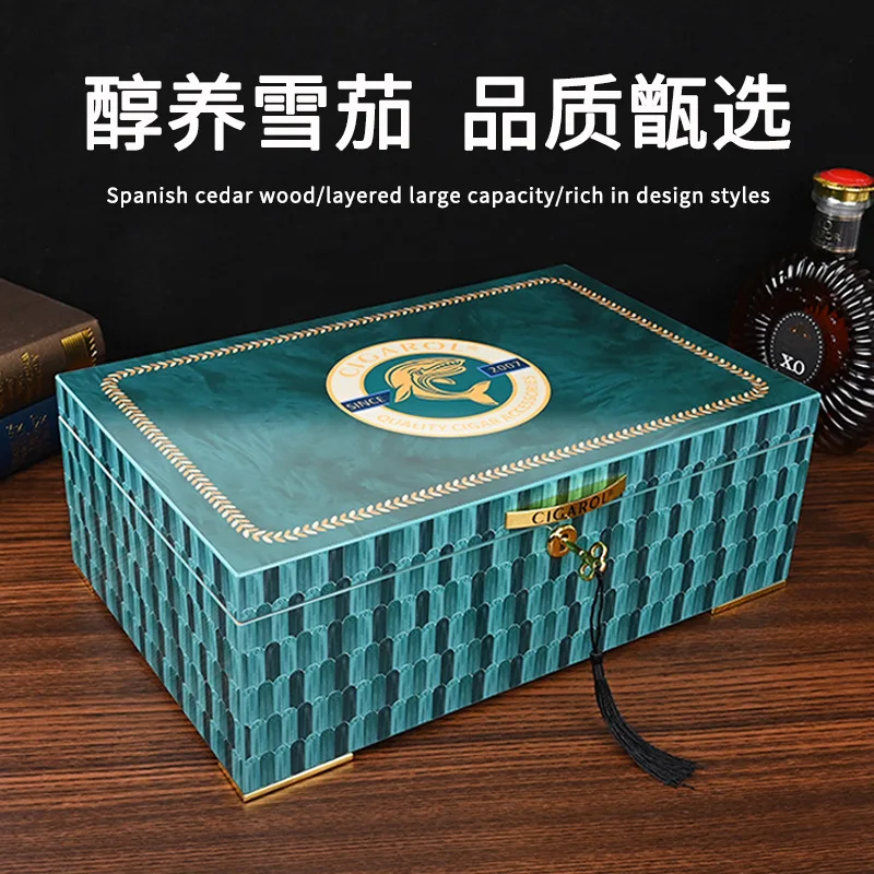 Luxury Cedar Wood Cigar Humidor Box, Sealed Double-Layer Large Capacity Storage Case, Holds Over 80 Cigars with Humidifier view 3
