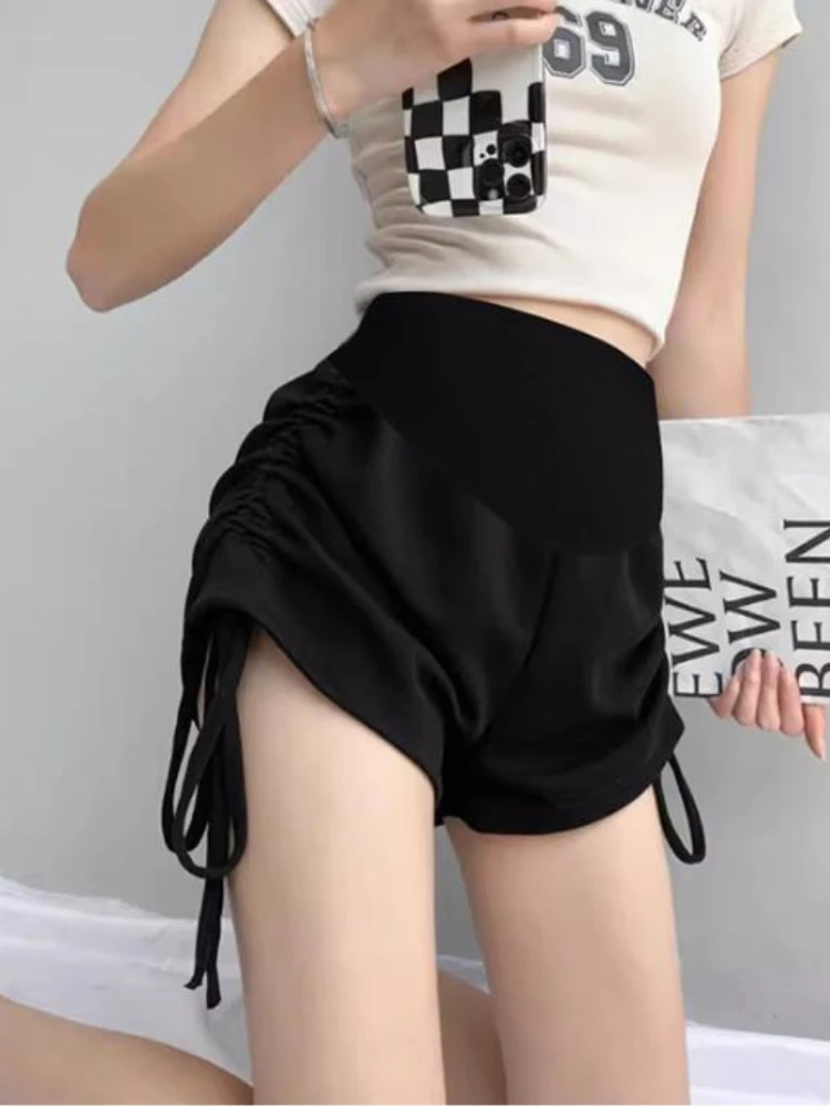 

Korean Style Maternity Belly Shorts Irregular Side Drawstring Pleated Pregnant Woman Empired Pants Loose Casual Short Pants