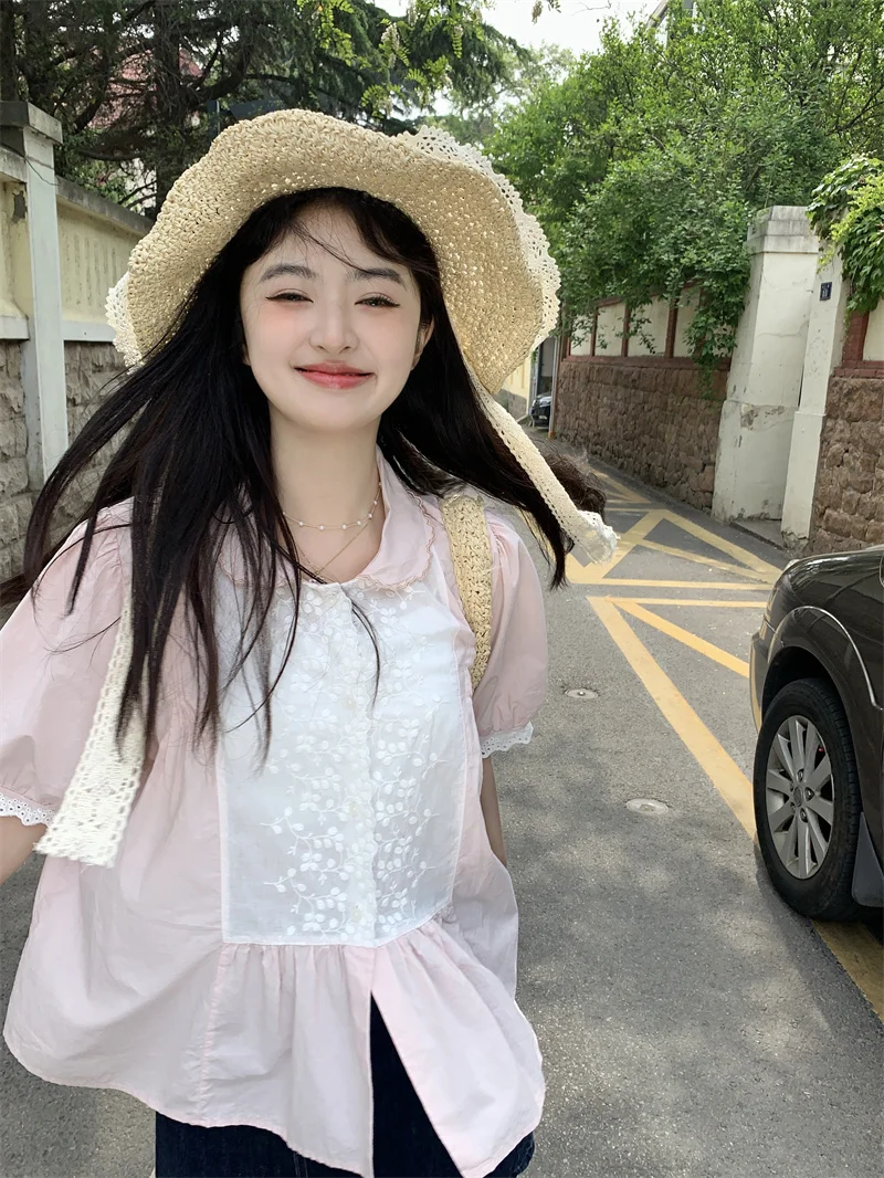 

Sweet Style Light Pink Doll Collar Short Sleeve Loose Fit Chic Shirt for Women Summer New Arrival Slimming Top