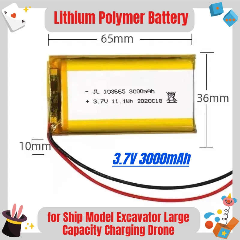 

New High Quality 3.7V 3000mAh 103665 Lithium Polymer Battery for Ship Model Excavator Large Capacity Charging Drone