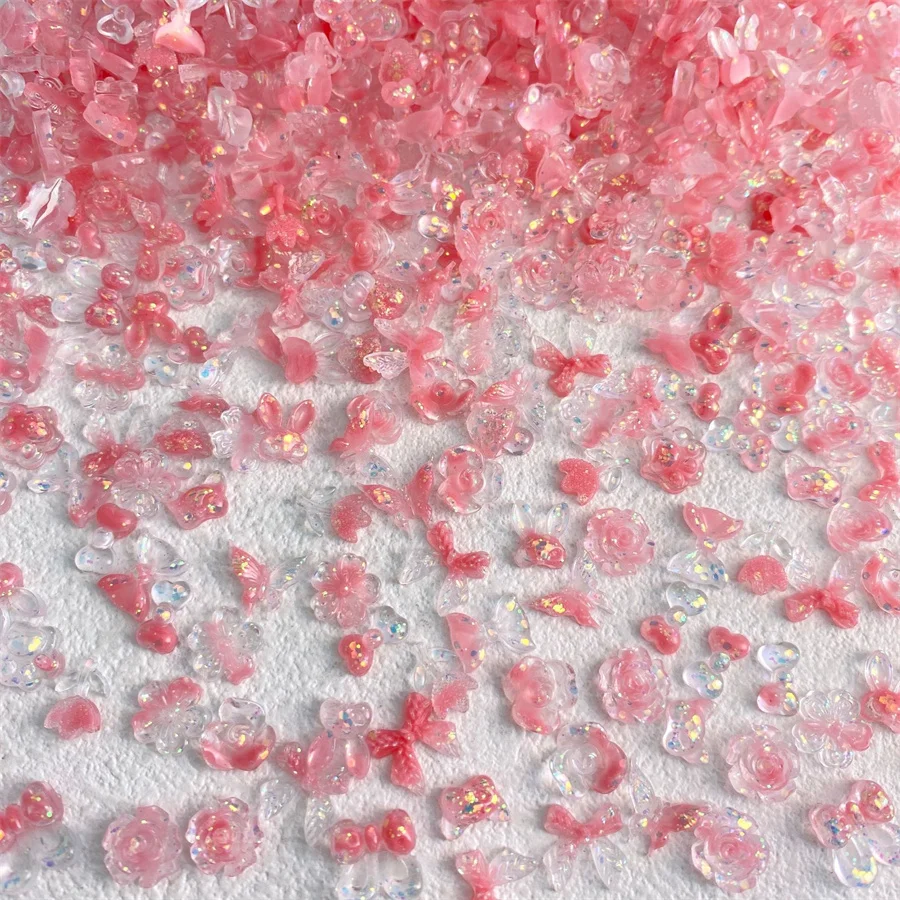 20pcs Kawaii Pink Mixed Resin Nail Art Charms 3D Cartoon Animals Flower Butterfly Bow Nail Decorations DIY Jewelry Accessories
