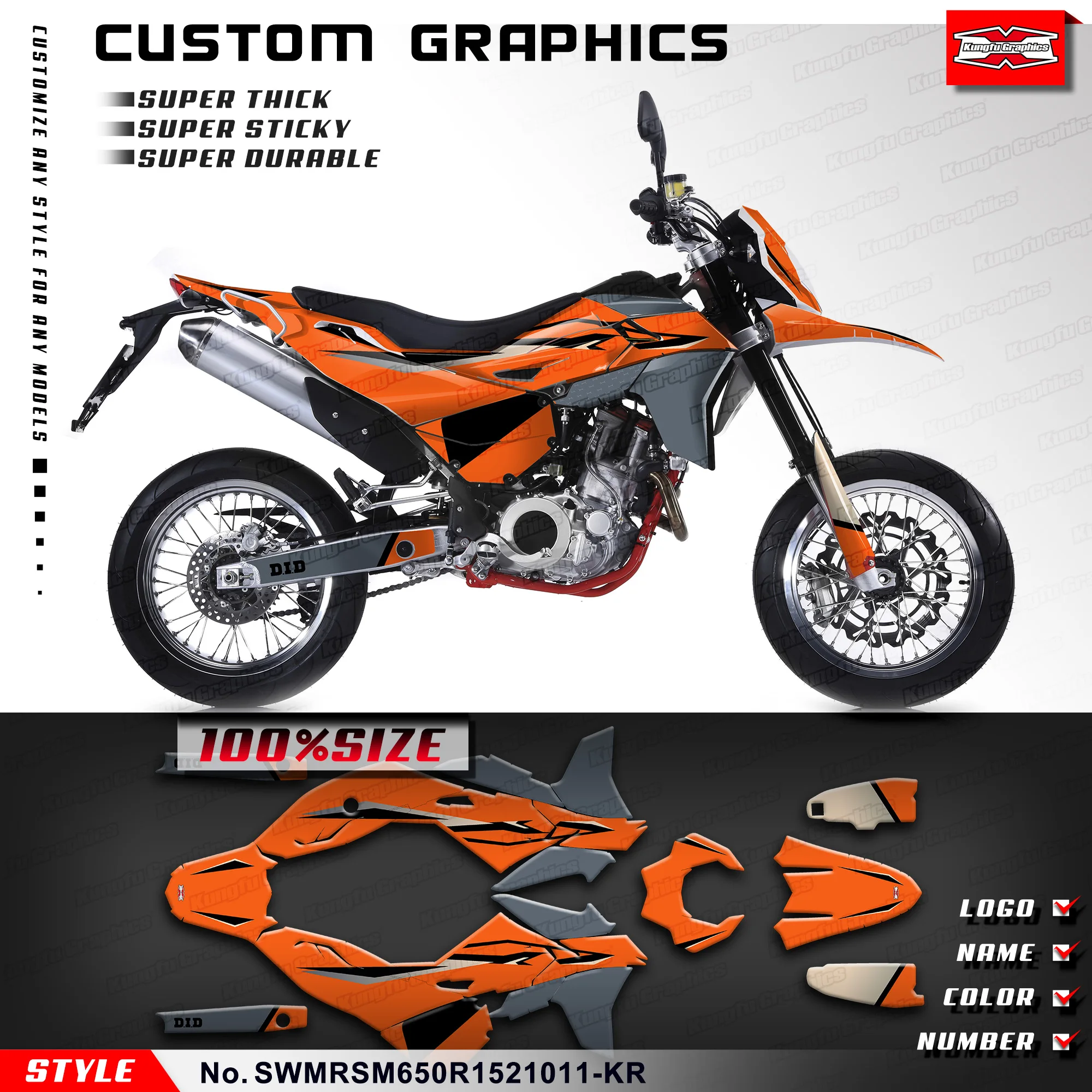 KUNGFU GRAPHICS Supermoto Stickers Vinyl Graphic Decals for SWM SM650R RS650R Enduro 2015 2016 2017 2018 2019 2020 2021, Restyle