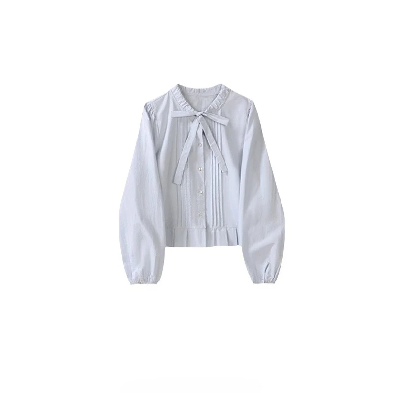 ALXNAN Camicia Blu Donna Autunno Arco Pieghettato Volant Camicia a maniche lunghe Office Lady Casual Moda Elegante Camicette femminili L50602