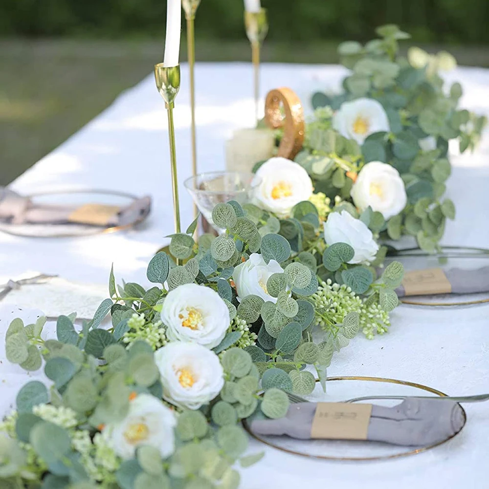 180cm Künstliche Eukalyptus-Girlande mit Weißen Blumen für Heim, Festival, Wanddekoration, Garten, Hochzeit, Hintergrund, Party-Dekor – Detail 3
