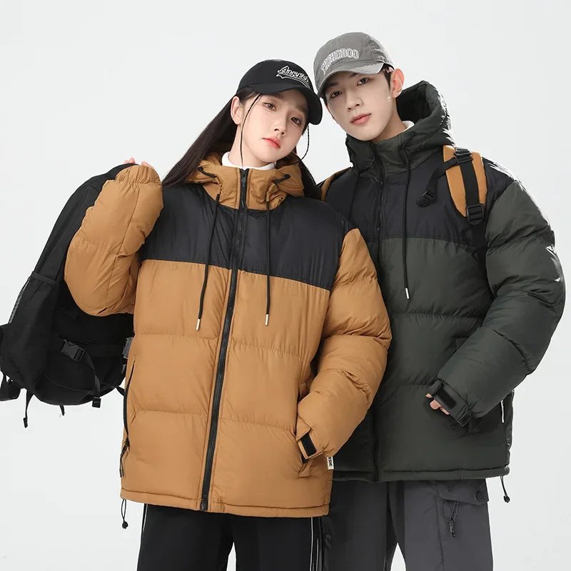 2024 Winter New Couple Patchwork Hooded Parkas Cotton Jacket Men Women Casual Bread Clothing Thickened Padded Cotton Warm