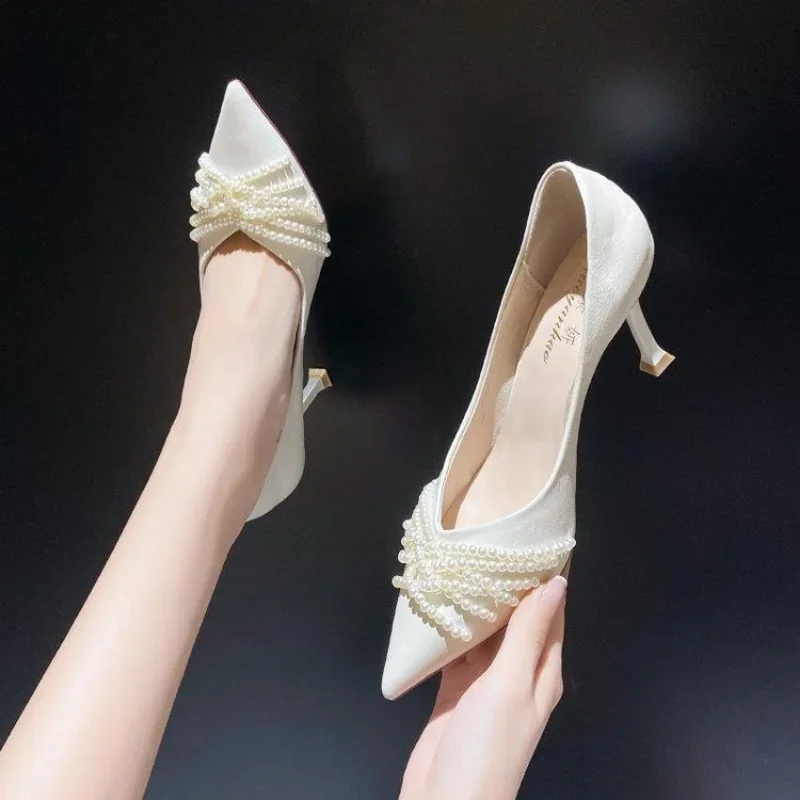 Thin Heels Ladies Footwear Beige High Women\'s Shoes Pointed Toe Pearl Wedding Bride Shoe Spring Luxury Brand Quick Delivery Y2k