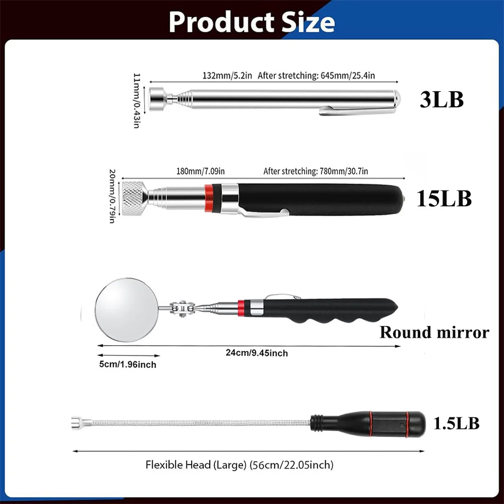 Magnetic Telescoping Pick-Up Tool Kit with 1.5lb/3lb/15lb Pick-Up Rod Extendable Magnet Stick Useful for Hard to Reach Places