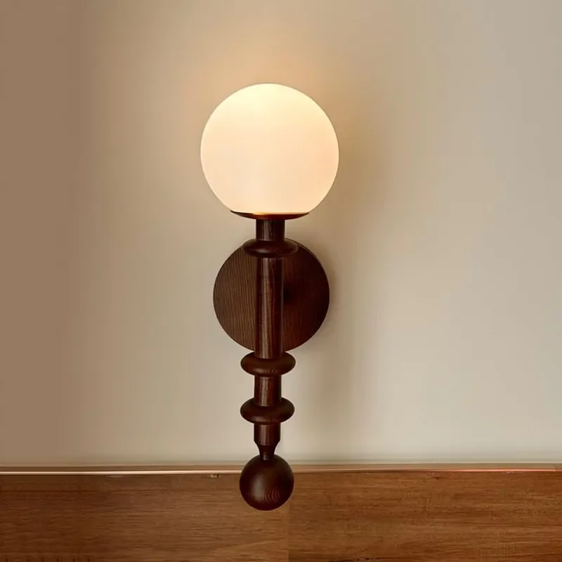 Vintage Wood Wall Sconce Globe Glass Wall Lamp with Pull Chain Switch Farmhouse Bedside Aisle Deco Lighting Fixture Retro