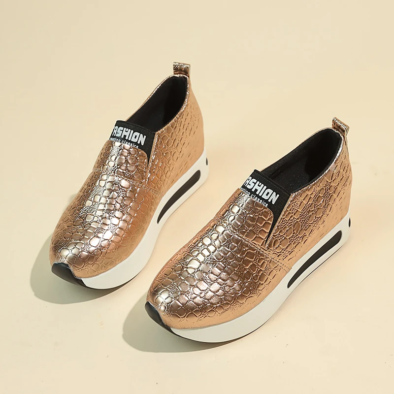 Modische Damen Metallic-Krokodil-Textur Slip-On Versteckter Keilabsatz Plateau-Schuhe Damen Höhenverstärkende Casual Walking Loafers Sneakers – Detail 16
