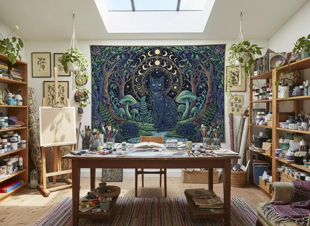Mysterious Moon Phase Black Cat Tapestry Bohemian Background Cloth Living Room Meditation Room Decoration