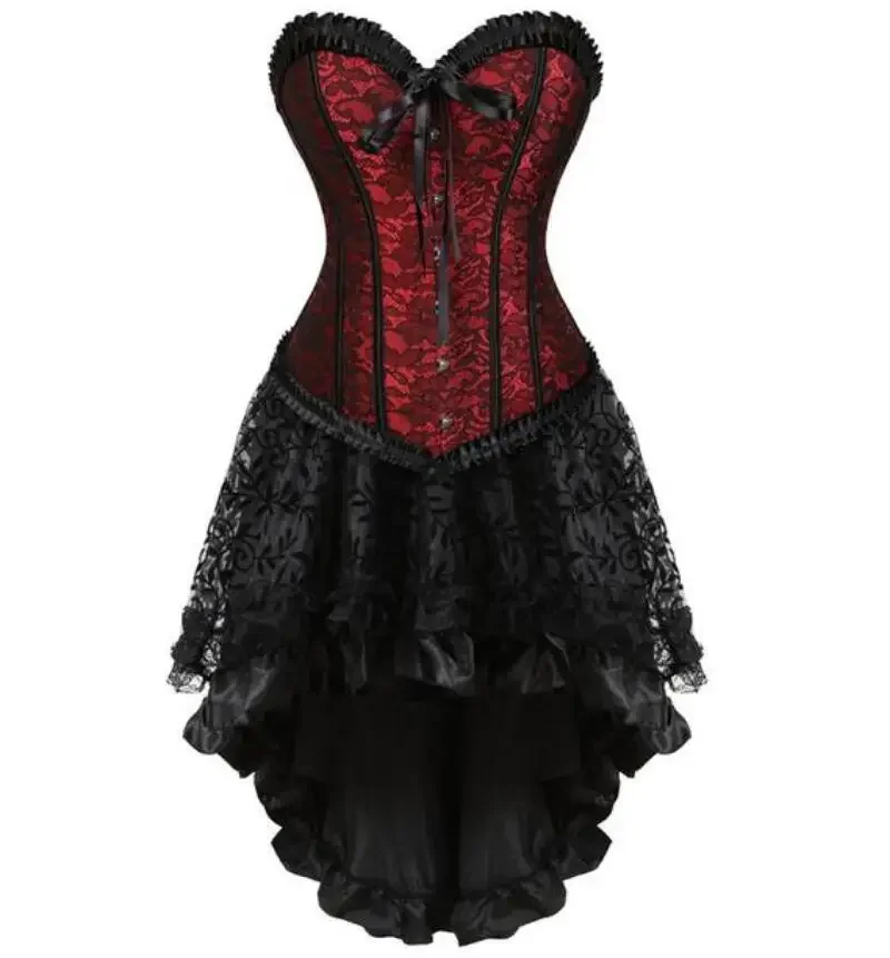 Corset Dress Women Vintage Overbust Burlesque Outfit Lace Victorian Skrits Set Gothic Halloween Costume