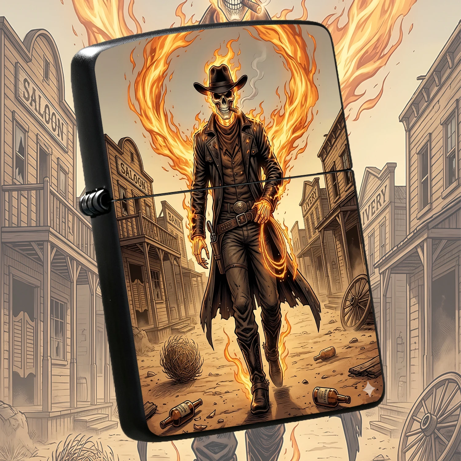 English: Western Rider Themed Portable , Featuring Cool Skeleton Cowboy In Retro Desert Old Town, Stylish Creative Decor For Daily Use, Ideal For Outdoor Camping, Gatherings, Gifting To Friends And Hobby Collectors, Fits All Daily Scenarios