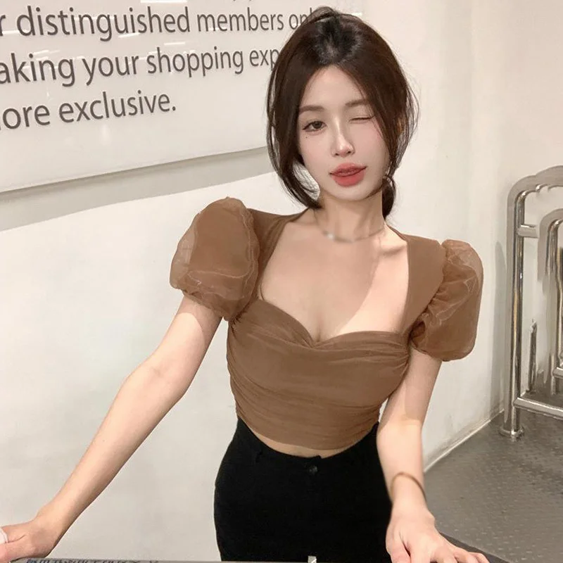 Damen hemden Mesh Puff ärmel plissiert süß einfarbig Slim Fit lässig Frühling Sommer vielseitige Top koreanische Hemden