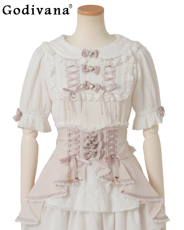 

Liz Shirts Japanese Mine Mass-produced Sweet Lolita Style Short-sleeved Shirt Sweet Girls Cute Bow Blouses Top Blusas Mujer