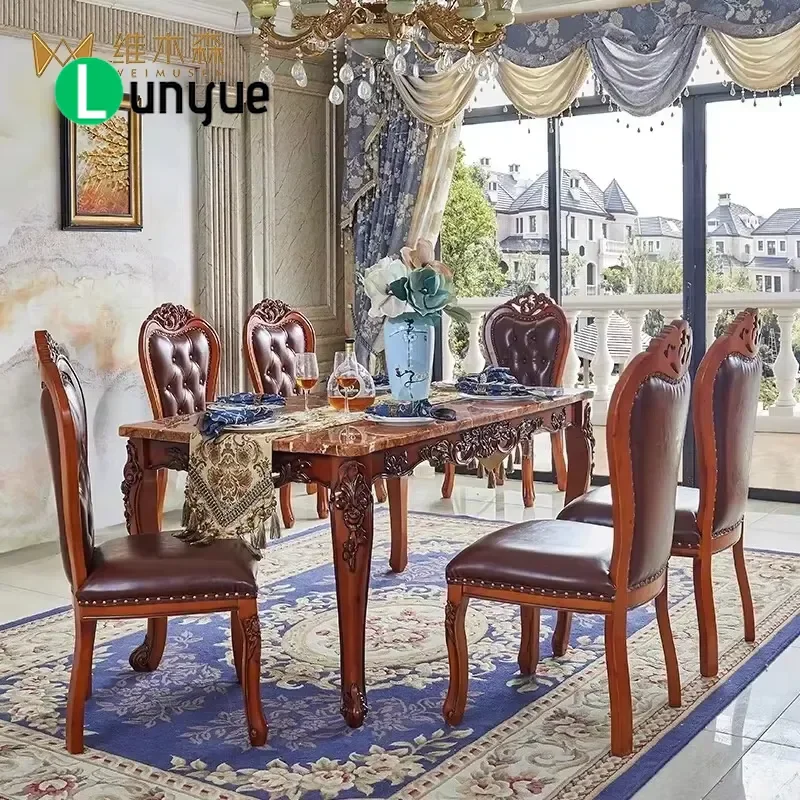 European Style Solid Wood Rectangular Dining Table Set with 6 Chairs Luxury Marble Top Household Living Room Furniture