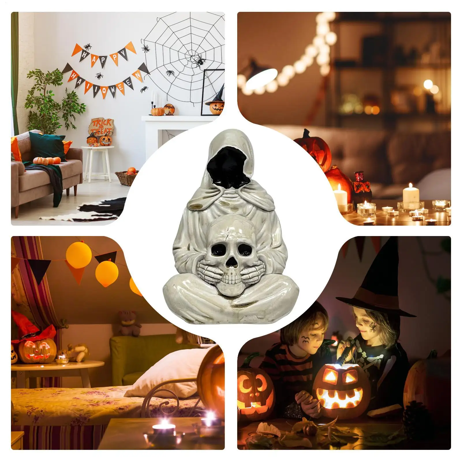 Halloween Statues Spooky Reaper Skull LED Light LED Halloween Figurine For Bedroom Study Room Office Desk Bookshelf Entrance