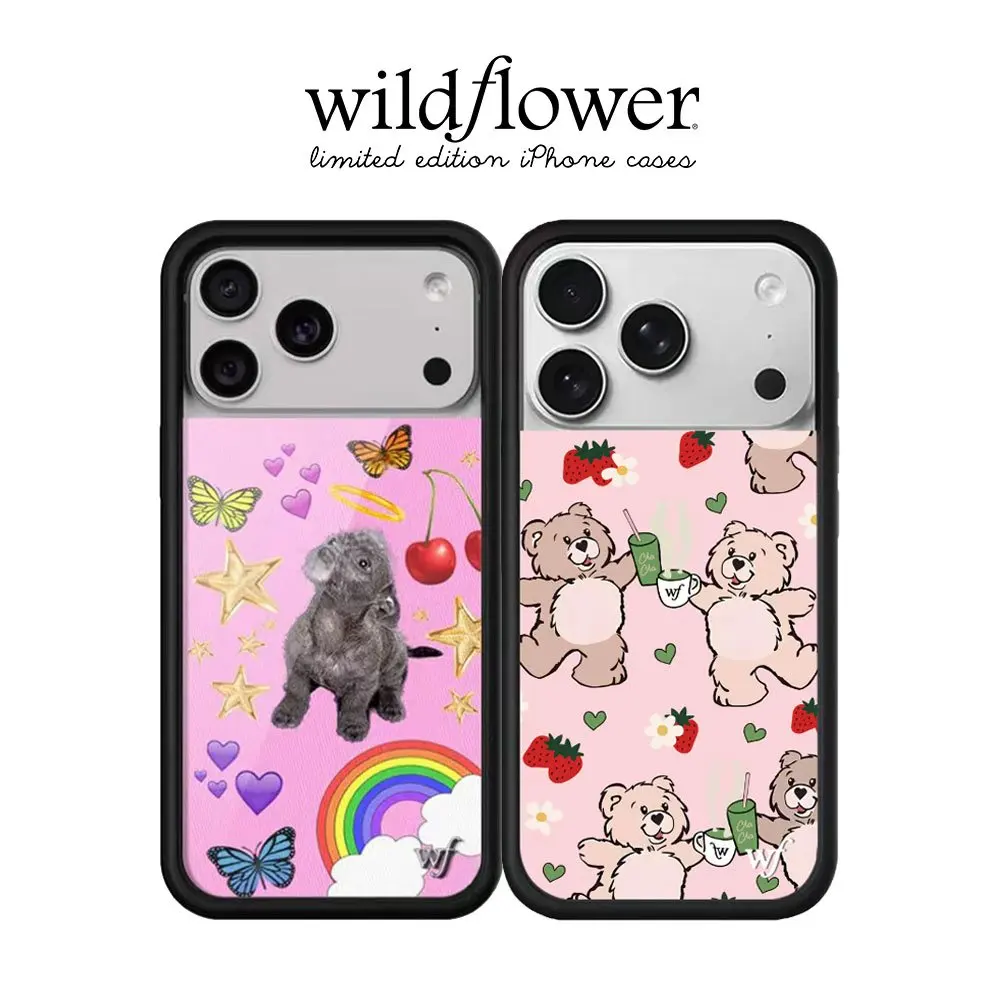 

Korean cartoon INS Teddy BFF Wildflower Phone Case For iPhone 13 12 14 15 16 17 Pro Max Plus Strawberry Cherry flower wf cover﻿